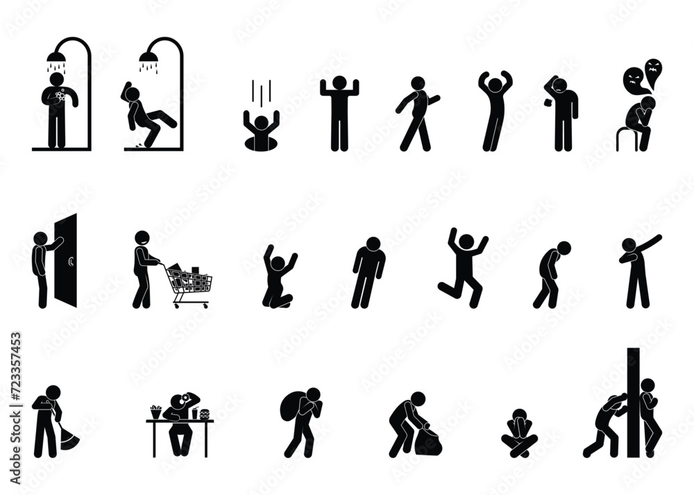 stick figure man icon, human silhouettes, set isolated people on white stick figure man icon, human silhouettes, set isolated people on white