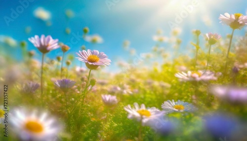 flower field in sunlight spring or summer garden background in closeup macro flowers meadow field