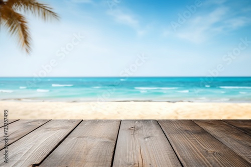 gray empty wooden table with summer in the background