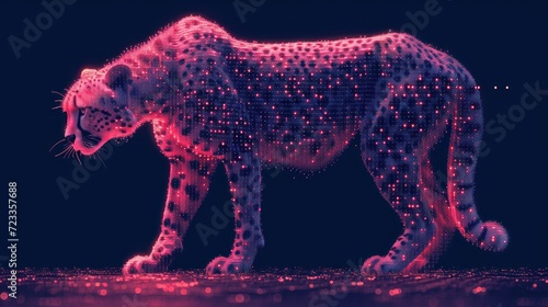  a computer generated image of a cheetah on a dark background with red and pink lights in the foreground and on the right side of the image is a black background is a.