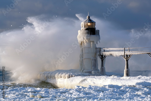 Large wave driven by  winter gale force winds sweeping over Lake Michigan of the Great Lakes batters the St. Joseph, Michigan outer lighthouse with beacon lit