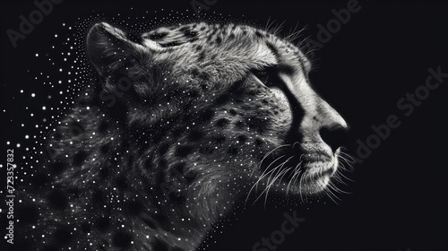  a black and white photo of a cheetah's face with stars coming out of the back of it's face and a black and white background.