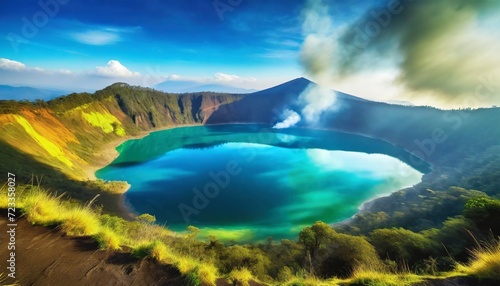 crater lake with smoke in poas volcano national park photo