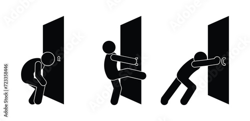 man and door icon set, closed door illustration, exit symbol