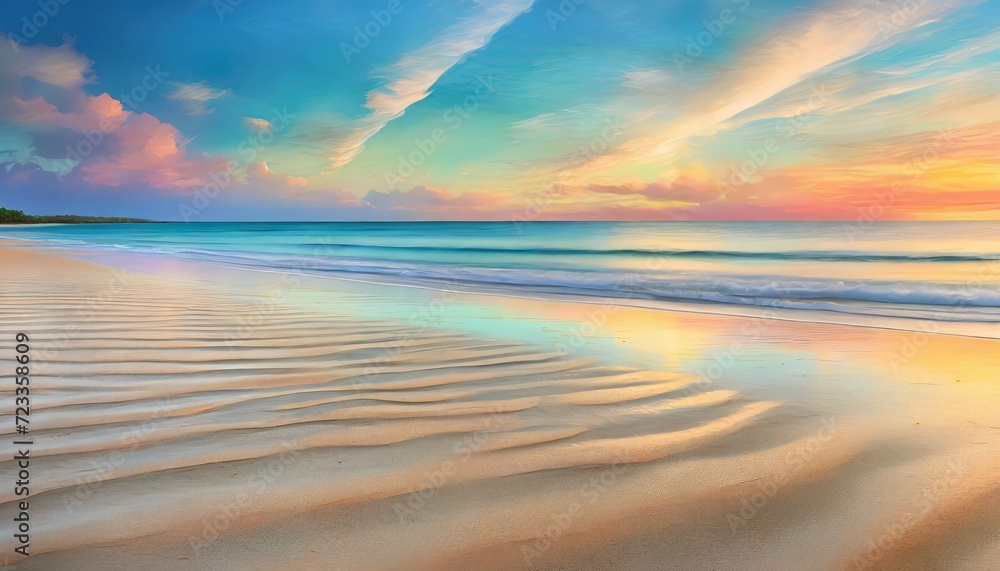 morning breaks on a serene beach with the horizon painted in pastels offering an expansive sand canvas for designers