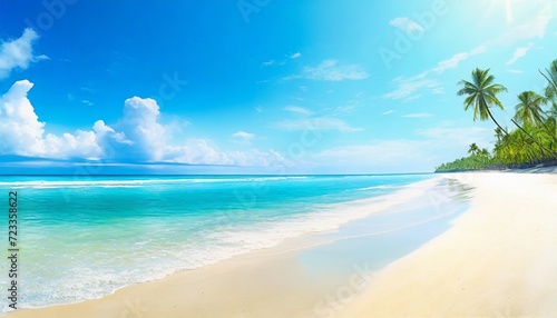 tropical beach panorama seascape with a wide horizon showcasing the beautiful expanse of the sky meeting the sea © Slainie