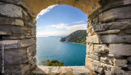 sea view from a stone window of an old ruin castle wall in portovenere liguria italy