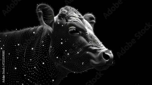  a black and white photo of a cow's head with dots all over it's body and it's head in the shape of a starburst. photo