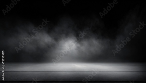 abstract image of dark room concrete floor black room or stage background for product placement panoramic view of the abstract fog white cloudiness mist or smog moves on black background photo