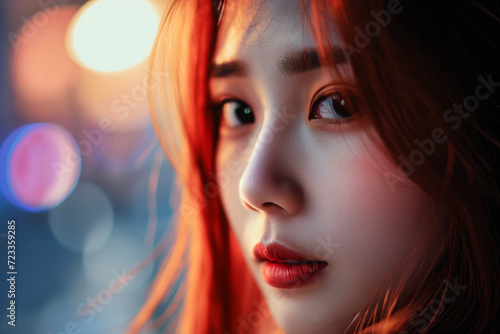 Red-Haired Woman with Intense Gaze in Neon Lights