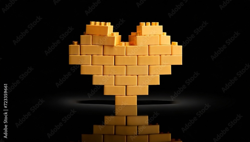 heart made of constructor bricks on black background with reflection