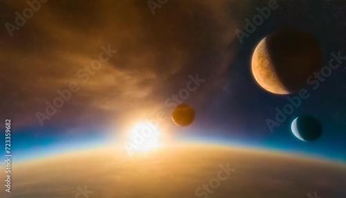 sunrise over group of planets in space