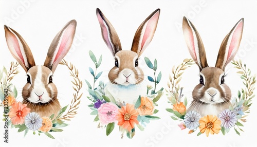 hand drawn watercolor happy easter set with bunnies head and flral wreath design rabbit bohemian style buny isolated boho illustration on white photo