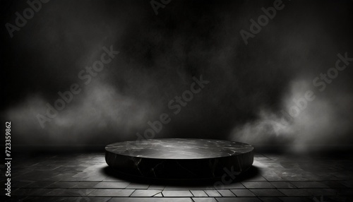 empty black marble table podium with black stone floor in dark room with smoke high quality photo photo