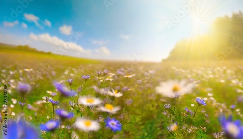 flower field in sunlight spring or summer garden background in closeup macro flowers meadow field © Slainie