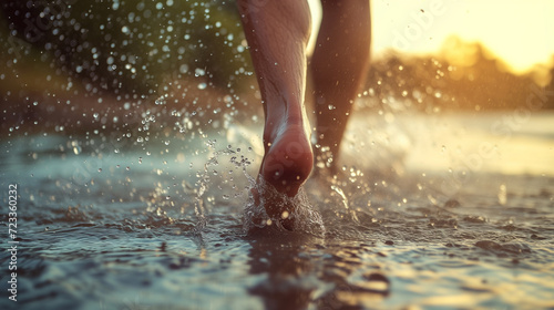 Close up photo of a man's feet stepping on water, water splashing, short exposure, shallow depth of field © Olivia
