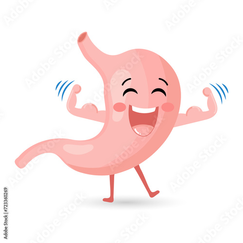 Cute healthy human stomach character athlete bodybuilder. Medicine concept. Anatomy of the digestive system. Vector in flat style