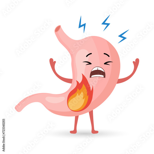 Unhealthy human stomach character suffering from heartburn. Food, stomach pain. Anatomy of the digestive system. Vector in flat style