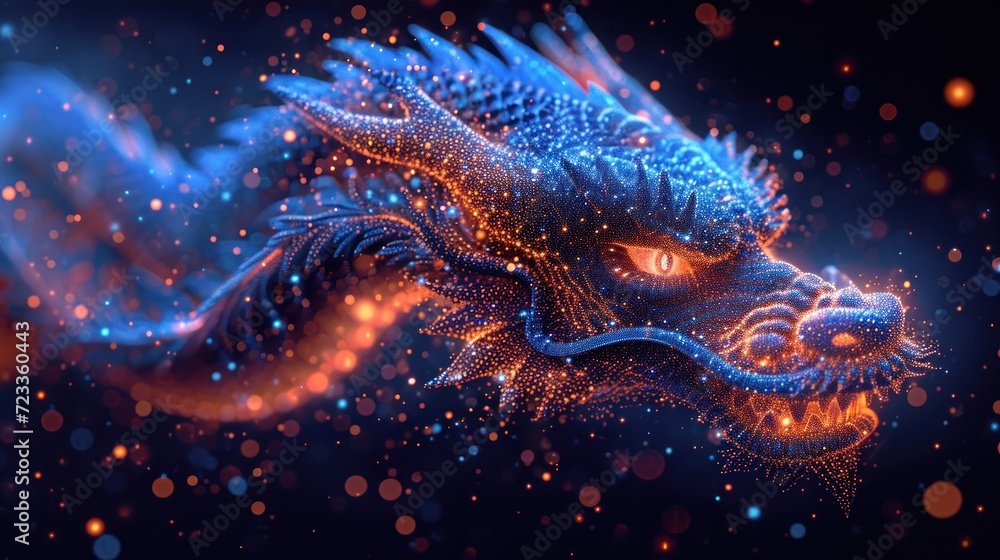 a digital painting of a blue dragon on a black background with orange and blue dots around it's head and eyes, with a black background of orange and blue bubbles. a digital painting of a blue dragon on a black background with orange and blue dots around it's head and eyes, with a black background of orange and blue bubbles.