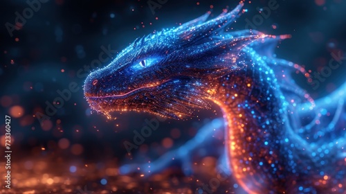  a close up of a blue and orange dragon on a black and blue background with small dots of light coming out of it's eyes and the top part of it's head.