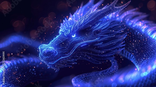  a close up of a blue dragon on a black background with a blurry image of the head and body of a dragon in the foreground of the image.