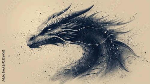  a black and white drawing of a dragon's head with splots of paint on it's body and wings, with a splots of water on its face. photo