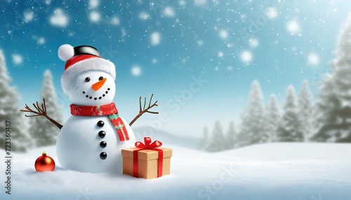 christmas snow man with gift box for happy christmas and new year festival wallpaper merry christmas poster with snowman on snow background © Slainie