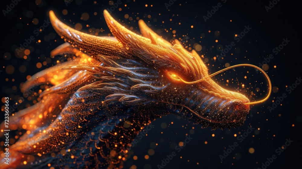 a close up of a dragon's head with a lot of fire coming out of it's mouth and a black background with small dots of gold flecks. a close up of a dragon's head with a lot of fire coming out of it's mouth and a black background with small dots of gold flecks.