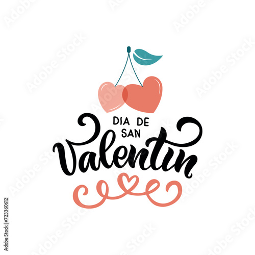 Feliz Dia De San Valentin handwritten text in Spanish meaning Happy Valentine's Day. Hand drawn lettering with hearts. Festive typography for greeting card template or poster concept. Romantic quote