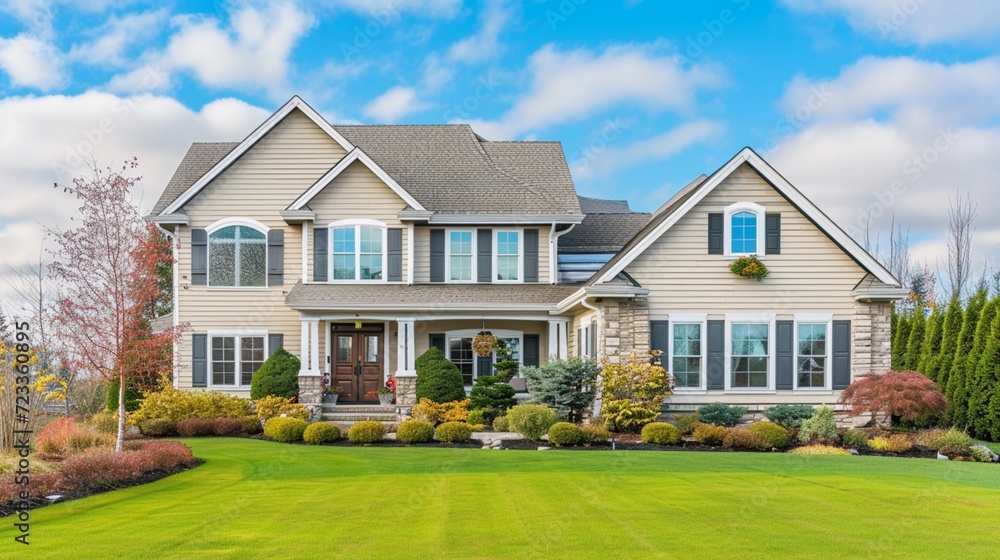 A warm beige house with siding, occupying a large lot in a suburban division. It showcases traditional windows and shutters. The image resembles a high-definition camera shot