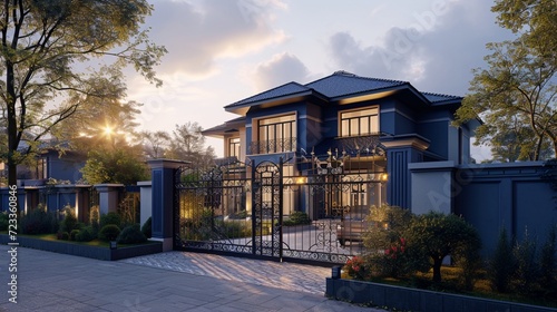 A trendy house in a rich sapphire blue, next to a small, tidy backyard. The wrought iron gate features a fusion of traditional and modern designs, under the warm light of a setting sun photo