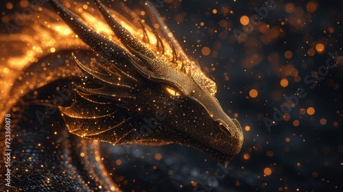  a close up of a golden dragon's head on a black background with gold flecks in the foreground and a blurry boke of lights in the background. © Nadia