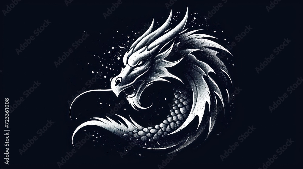 a black and white drawing of a dragon on a dark background, with stars in the sky in the shape of a circle, in the shape of a circle, in the shape of the shape of a dragon,. a black and white drawing of a dragon on a dark background, with stars in the sky in the shape of a circle, in the shape of a circle, in the shape of the shape of a dragon,.