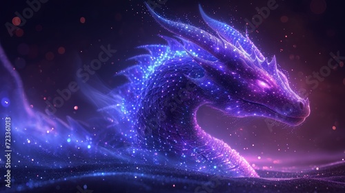  a blue and purple dragon sitting on top of a body of water with stars all over it's body and a sky filled with stars in the back ground. © Nadia