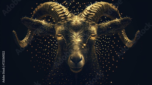  a close up of a goat's head with a lot of gold dots on it's face and it's horns in the shape of a pattern.