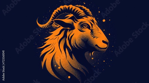  the head of a ram with long horns on a dark background with stars in the sky in the center of the image is an orange and black outline of the head.