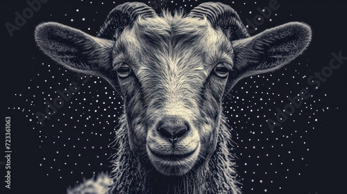 a black and white photo of a goat's face with stars in the sky in the background and a black and white photo of a goat's head in the foreground.