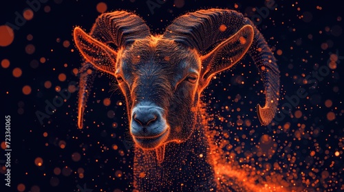  a close - up of a goat's head with a blurry background of orange and red dots on it's face and a black background with orange spots.