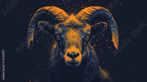  a close up of a goat s head with yellow and blue paint splatters on the goat s fur and horns  against a dark background of yellow and black.
