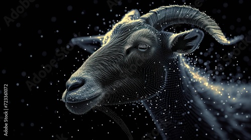  a close up of a goat's head with a lot of water droplets on the goat's face and it's horns, with a black background of snowing.