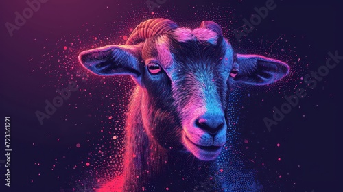  a close up of a goat's face on a black background with a red and blue light coming out of the goat's ear and the goat's head.