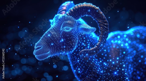  a close up of a goat's head with a lot of dots in the shape of the goat's head on a dark background of blue and white circles.