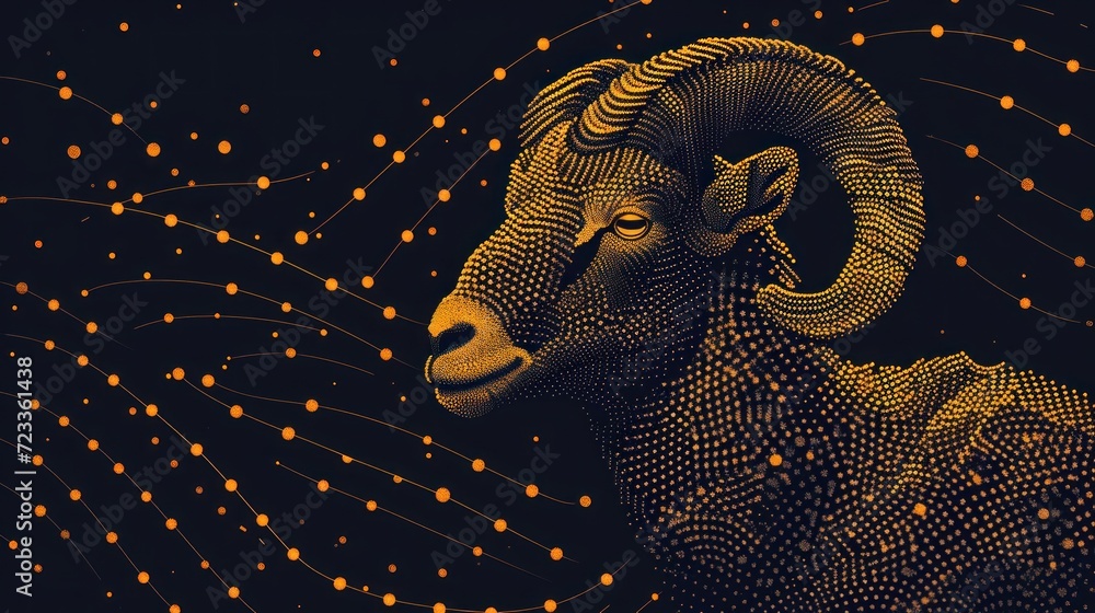 a painting of a ram's head on a black background with a lot of dots in the shape of lines and dots in the shape of the ram's head. a painting of a ram's head on a black background with a lot of dots in the shape of lines and dots in the shape of the ram's head.