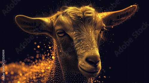  a close up of a goat's face with a lot of dots on it's face and it's head in the middle of the frame, with a black background.