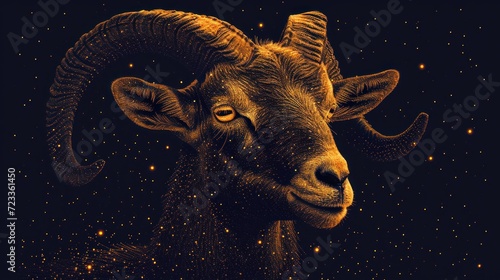  a close up of a goat's head on a black background with stars in the sky in the foreground and in the middle of the image is an orange glow of the goat's horns.