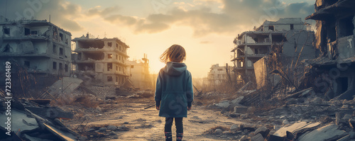 Lonely child standing in a destroyed city during the war. Concept of a humanitarian and demographic catastrophe.