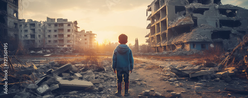 Lonely child standing in a destroyed city during the war. Concept of a humanitarian and demographic catastrophe.