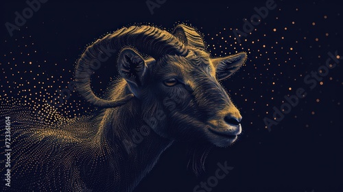  a close up of a goat's head with a lot of gold dots on it's back and a black background with gold dots on it's sides.