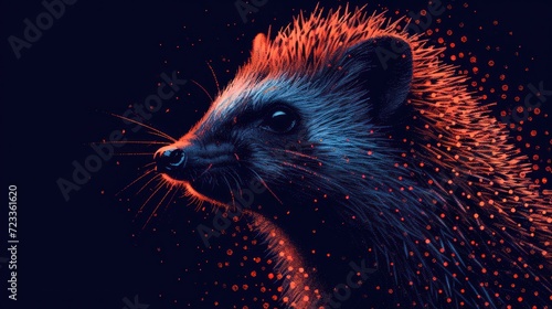  a close up of a raccoon's face with red and blue streaks on it's fur and a black background with red and orange circles around it. © Nadia