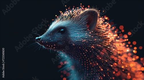  a close up of a ferret's face with a blurry background of orange and blue dots in the foreground and on the left side of the image is a black background.